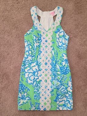 Lilly Pulitzer Trudy Shift Dress 4 Go Go Green Northeast Hahbah Pique Lace Trim